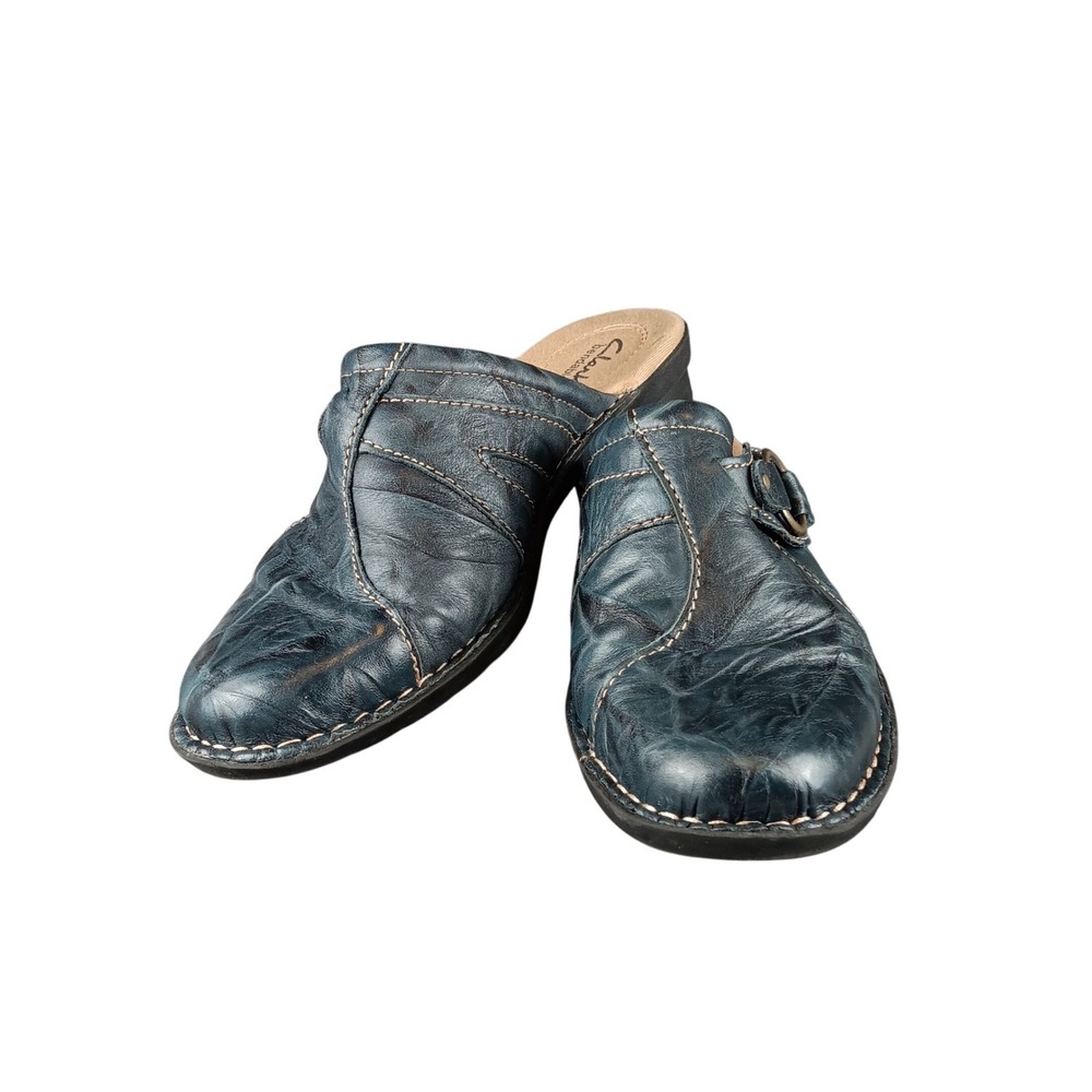 Clarks Bendables Women's Blue Leather Clog Mules Buckle Detail Comfort Shoes